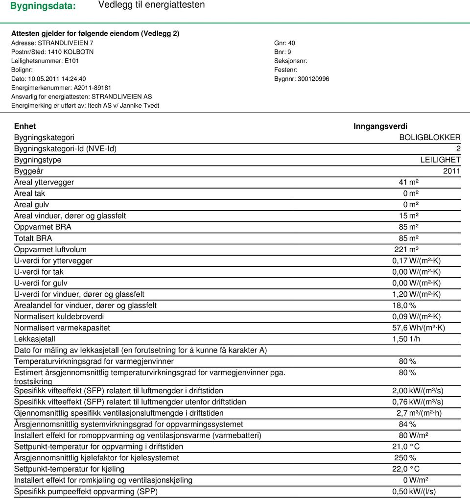 Bygningskategori BOLIGBLOKKER Bygningskategori-Id (NVE-Id) 2 Bygningstype LEILIGHET Byggeår 2011 Areal yttervegger 41 m² Areal tak 0 m² Areal gulv 0 m² Areal vinduer, dører og glassfelt 15 m²