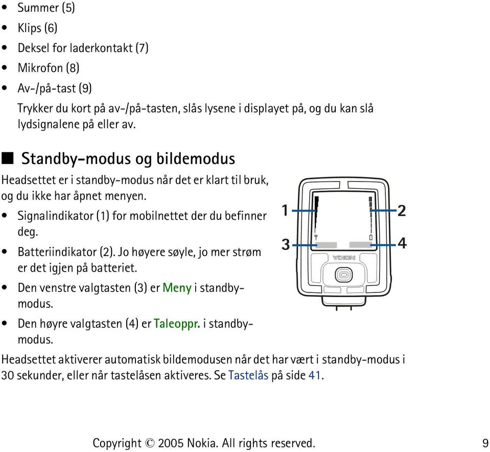 Signalindikator (1) for mobilnettet der du befinner deg. Batteriindikator (2). Jo høyere søyle, jo mer strøm er det igjen på batteriet.