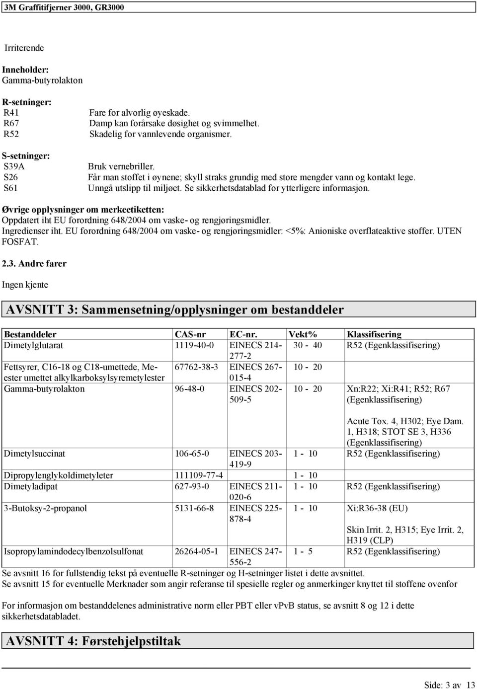 Se sikkerhetsdatablad for ytterligere informasjon. Øvrige opplysninger om merkeetiketten: Oppdatert iht EU forordning 648/2004 om vaske- og rengjøringsmidler. Ingredienser iht.