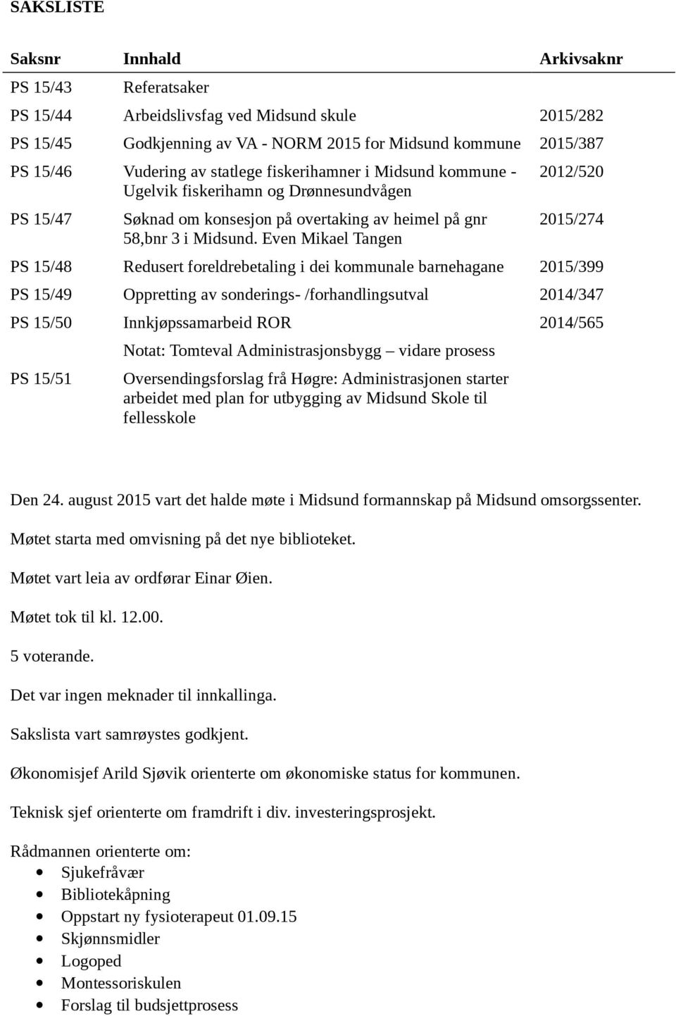 Even Mikael Tangen 2012/520 2015/274 PS 15/48 Redusert foreldrebetaling i dei kommunale barnehagane 2015/399 PS 15/49 Oppretting av sonderings- /forhandlingsutval 2014/347 PS 15/50 Innkjøpssamarbeid