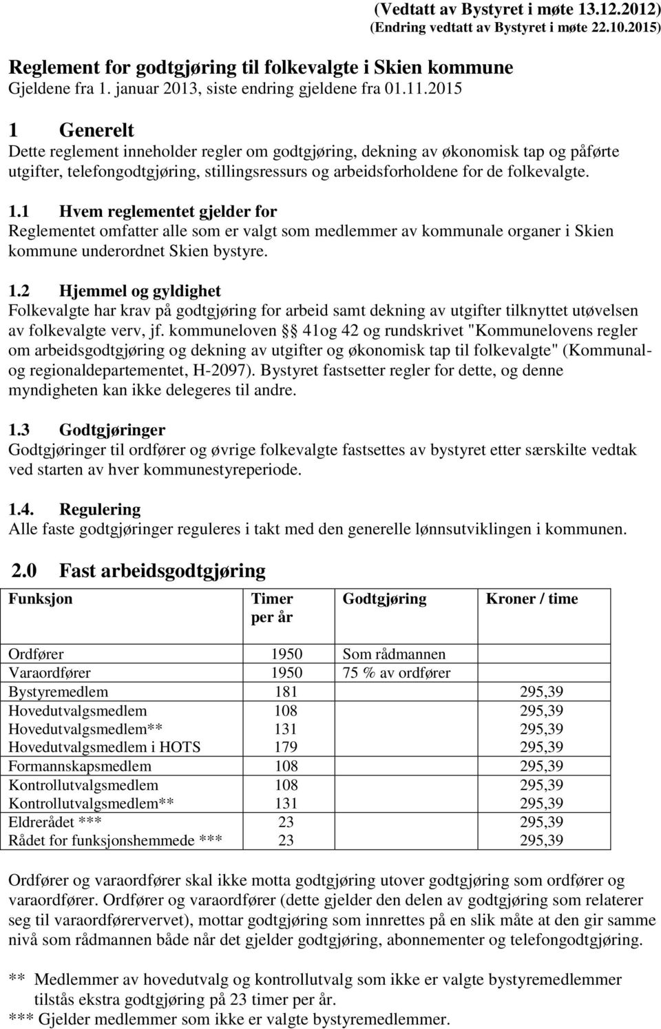 2015) 1 Generelt Dette reglement inneholder regler om godtgjøring, dekning av økonomisk tap og påførte utgifter, telefongodtgjøring, stillingsressurs og arbeidsforholdene for de folkevalgte. 1.1 Hvem reglementet gjelder for Reglementet omfatter alle som er valgt som medlemmer av kommunale organer i Skien kommune underordnet Skien bystyre.