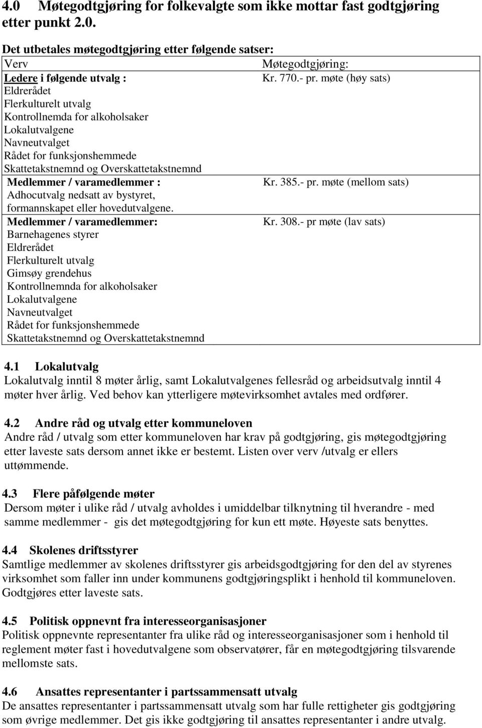 varamedlemmer : Kr. 385.- pr. møte (mellom sats) Adhocutvalg nedsatt av bystyret, formannskapet eller hovedutvalgene. Medlemmer / varamedlemmer: Kr. 308.