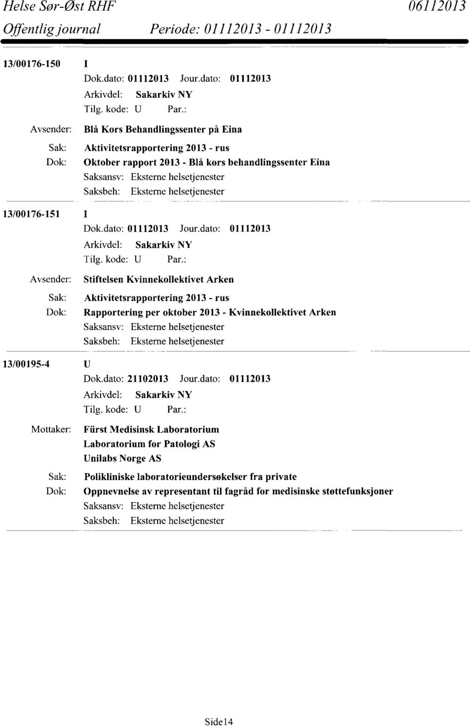 2013 - Kvinnekollektivet Arken 13/00195-4 Dok.dato: 21102013 Jour.