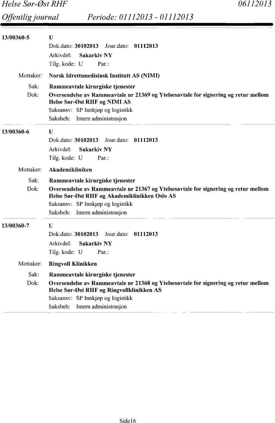 RHF og NIMI AS Saksansv: SP Innkjøp og logistikk 13/00360-6 Dok.dato: 30102013 Jour.