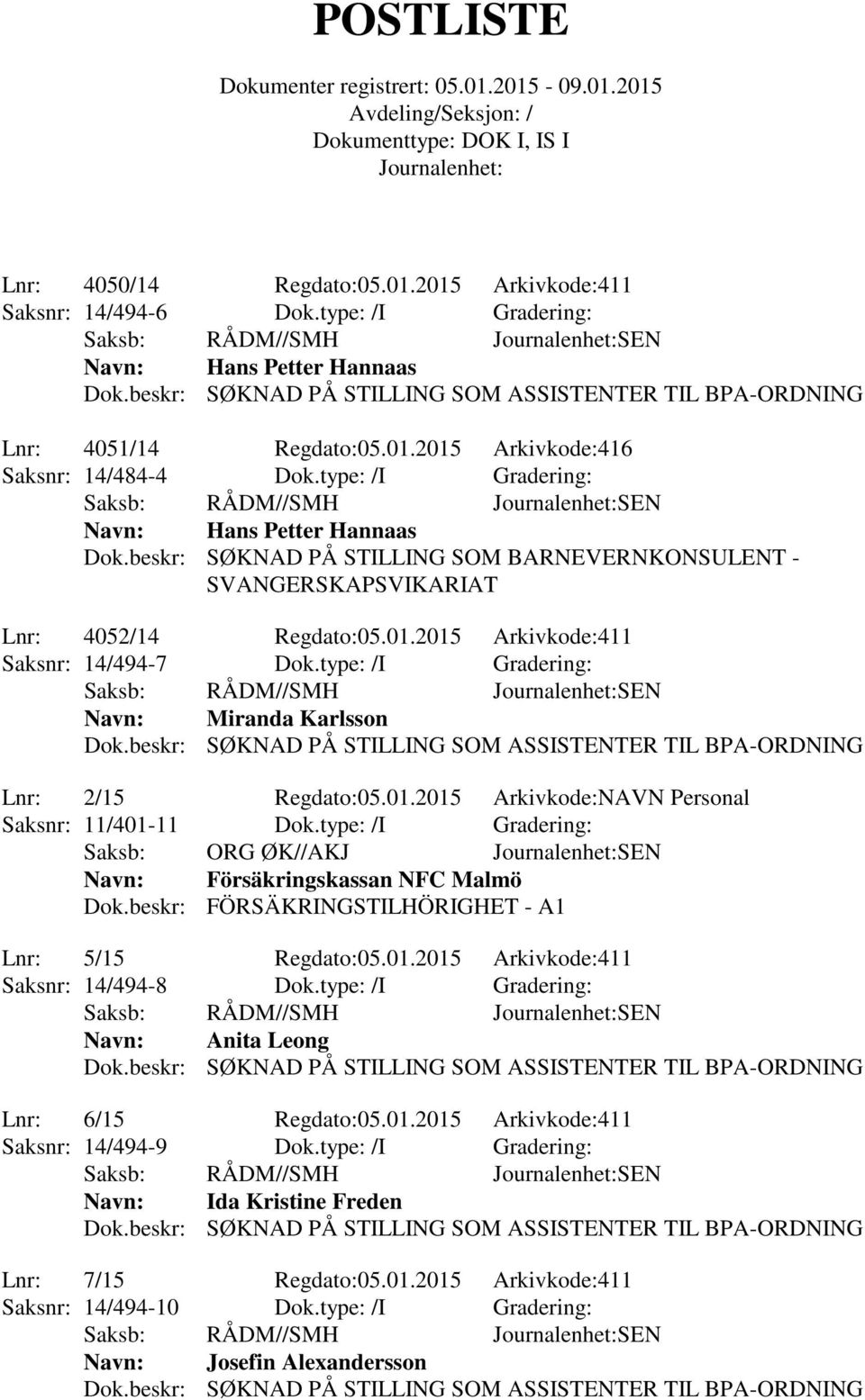 type: /I Gradering: Miranda Karlsson Lnr: 2/15 Regdato:05.01.2015 Arkivkode:NAVN Personal Saksnr: 11/401-11 Dok.type: /I Gradering: Saksb: ORG ØK//AKJ SEN Försäkringskassan NFC Malmö Dok.