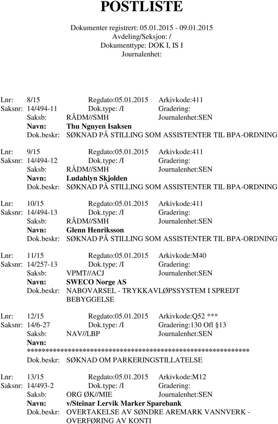 type: /I Gradering: Saksb: VPMT//ACJ SEN SWECO Norge AS Dok.beskr: NABOVARSEL - TRYKKAVLØPSSYSTEM I SPREDT BEBYGGELSE Lnr: 12/15 Regdato:05.01.2015 Arkivkode:Q52 *** Saksnr: 14/6-27 Dok.