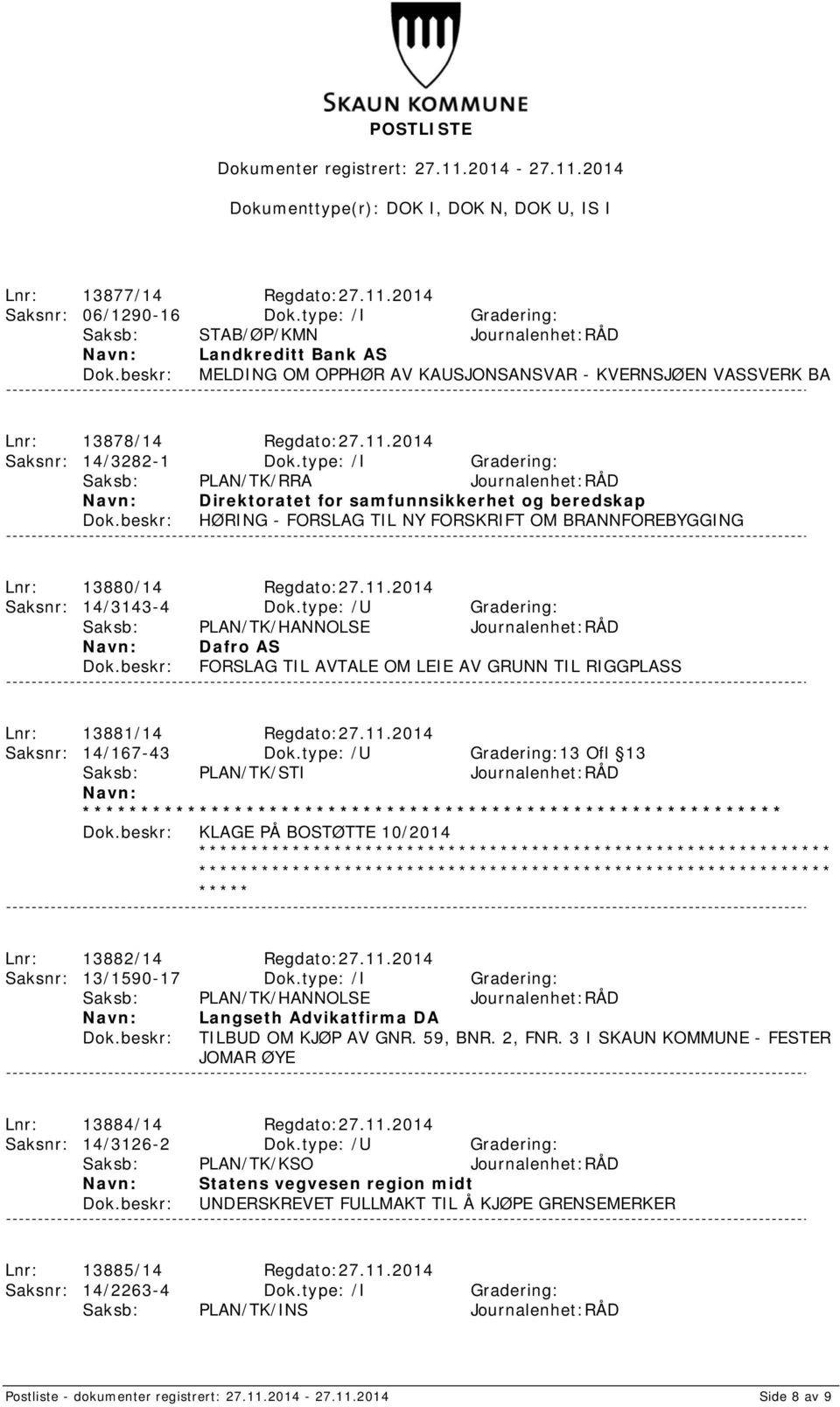 type: /I Gradering: Saksb: PLAN/TK/RRA Journalenhet:RÅD Direktoratet for samfunnsikkerhet og beredskap HØRING - FORSLAG TIL NY FORSKRIFT OM BRANNFOREBYGGING Lnr: 13880/14 Regdato:27.11.