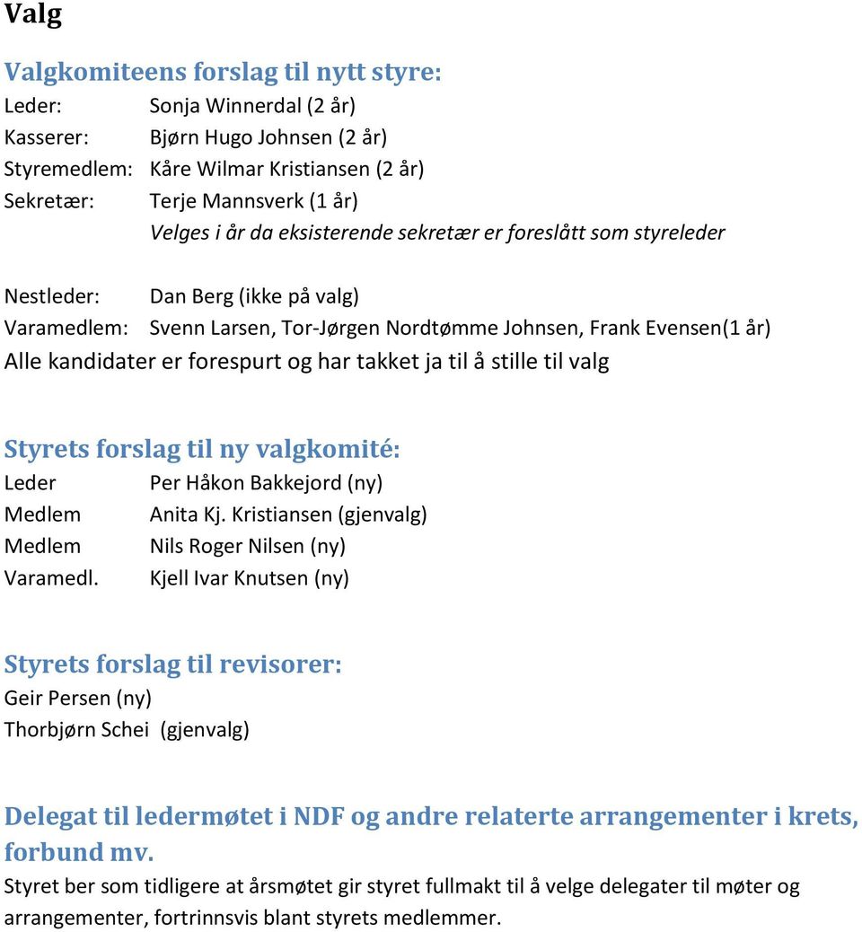 takket ja til å stille til valg Styrets forslag til ny valgkomité: Leder Per Håkon Bakkejord (ny) Medlem Anita Kj. Kristiansen (gjenvalg) Medlem Nils Roger Nilsen (ny) Varamedl.