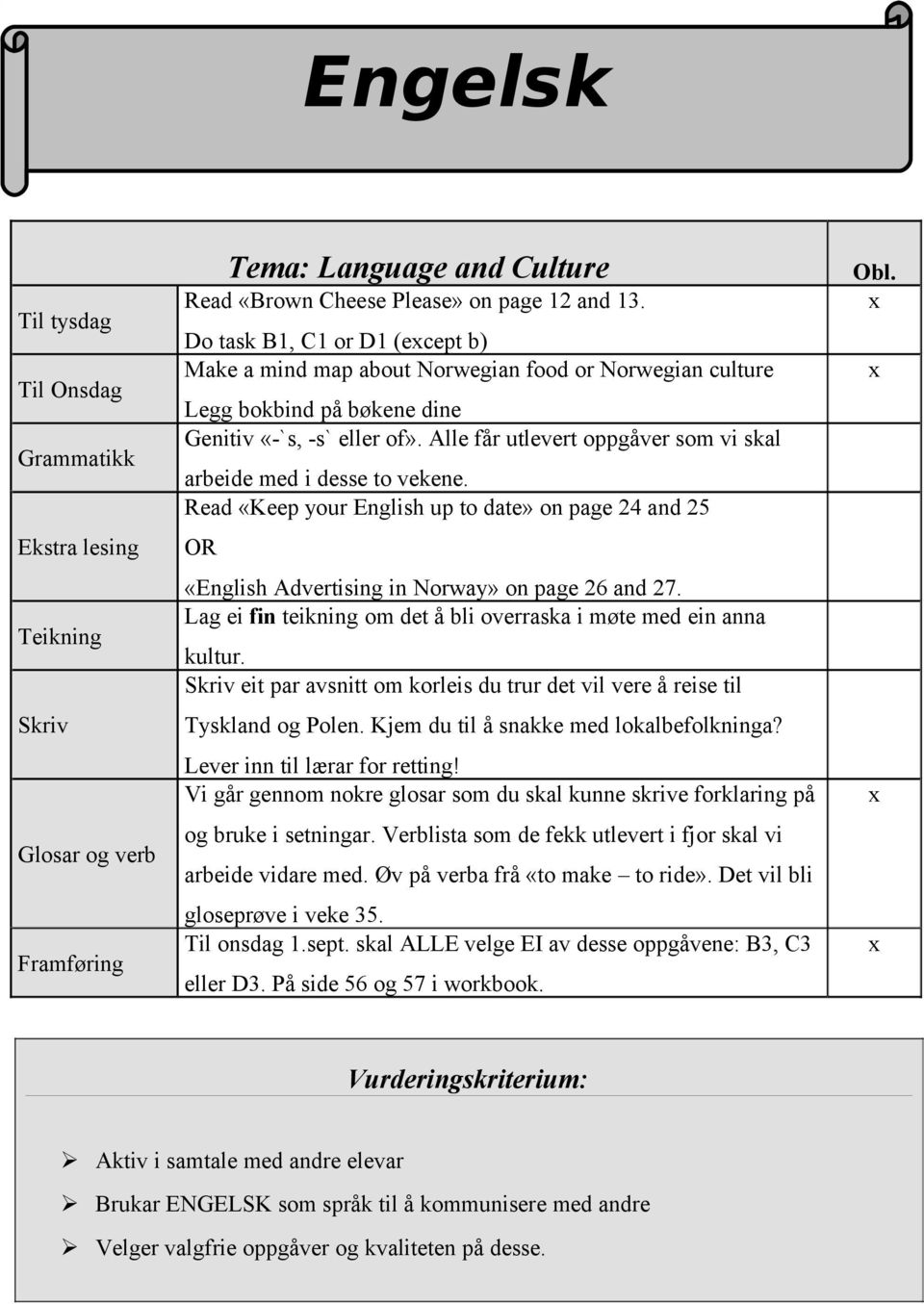 Alle får utlevert oppgåver som vi skal arbeide med i desse to vekene. Read «Keep your English up to date» on page 24 and 25 OR «English Advertising in Norway» on page 26 and 27.