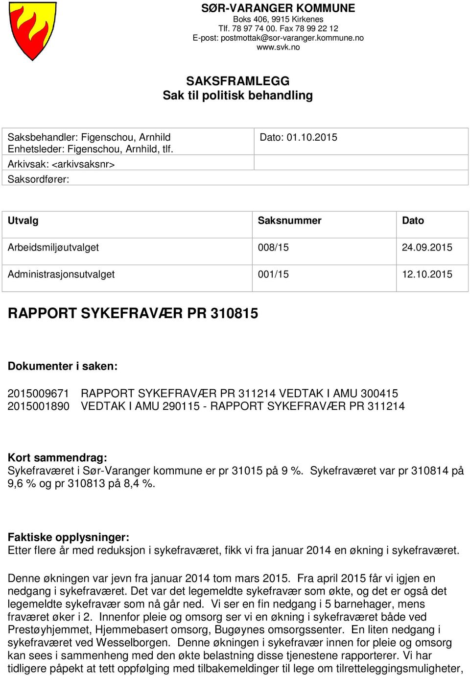 2015 Utvalg Saksnummer Dato Arbeidsmiljøutvalget 008/15 24.09.2015 Administrasjonsutvalget 001/15 12.10.