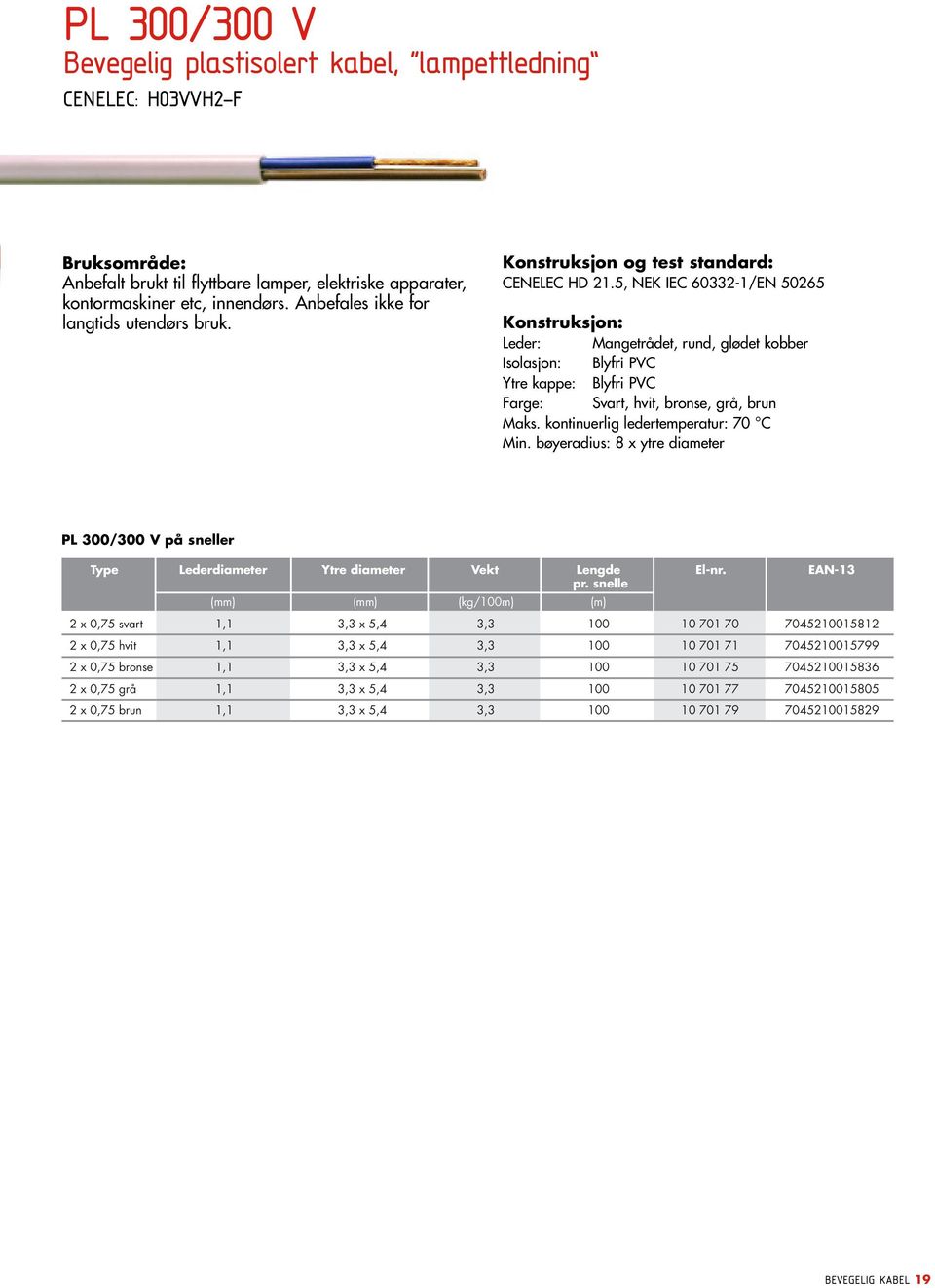 5, NEK IEC 6033-1/EN 5065 Leder: Mangetrådet, rund, glødet kobber Isolasjon: Blyfri PVC Ytre kappe: Blyfri PVC Farge: Svart, hvit, bronse, grå, brun Maks. kontinuerlig ledertemperatur: 70 C Min.