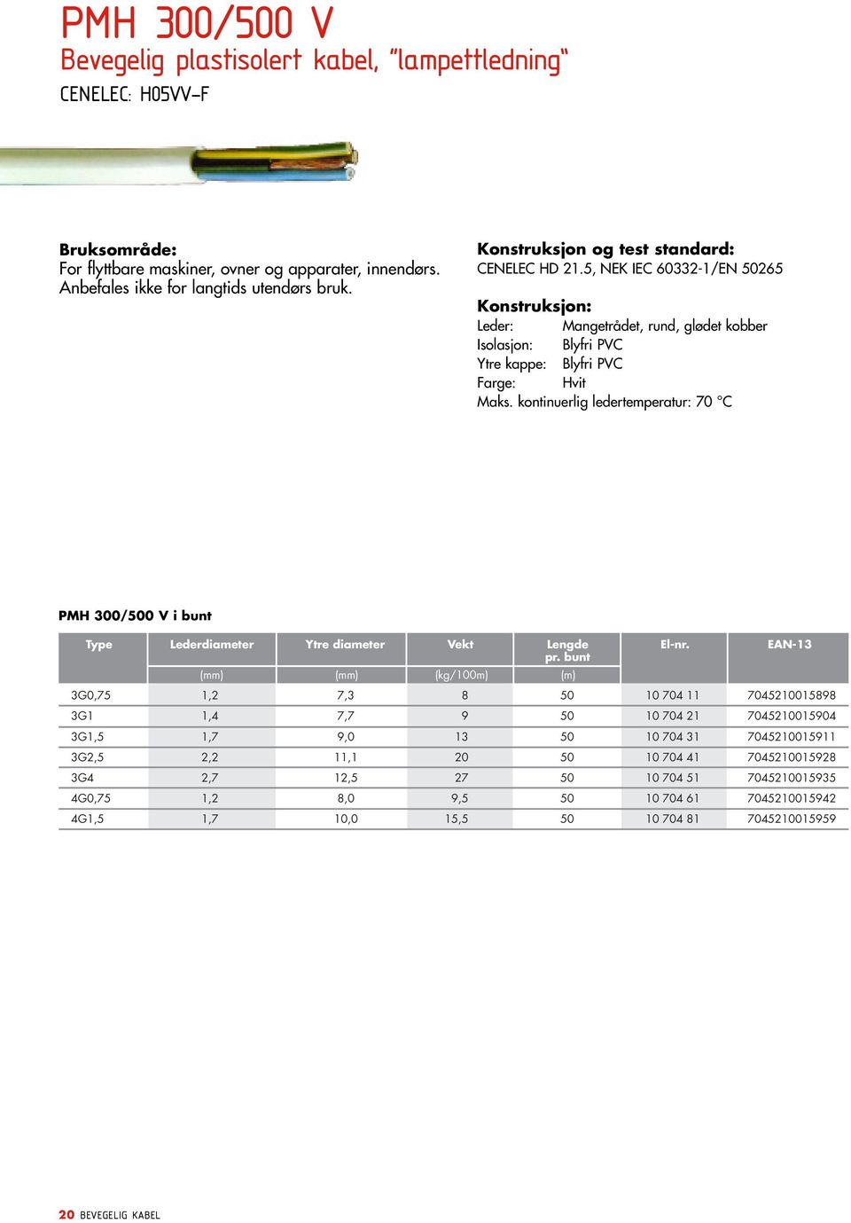 kontinuerlig ledertemperatur: 70 C PMH 300/500 V i bunt Type Lederdiameter Ytre diameter Vekt Lengde El-nr. EAN-13 pr.