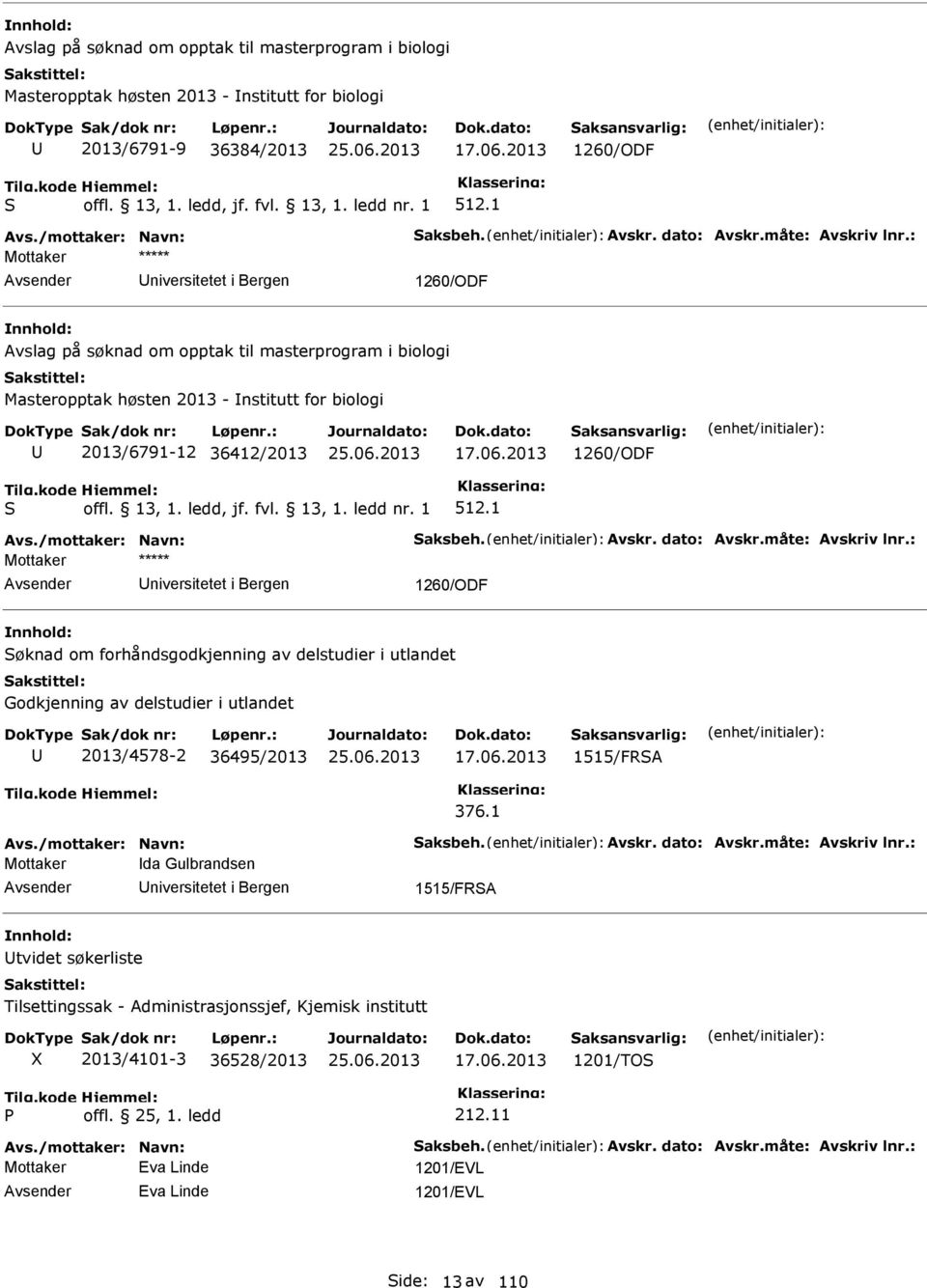 : Mottaker Avslag på søknad om opptak til masterprogram i biologi Masteropptak høsten 2013 - nstitutt for biologi 2013/6791-12 36412/2013 17.06.2013 S offl. 13, 1. ledd, jf. fvl. 13, 1. ledd nr.