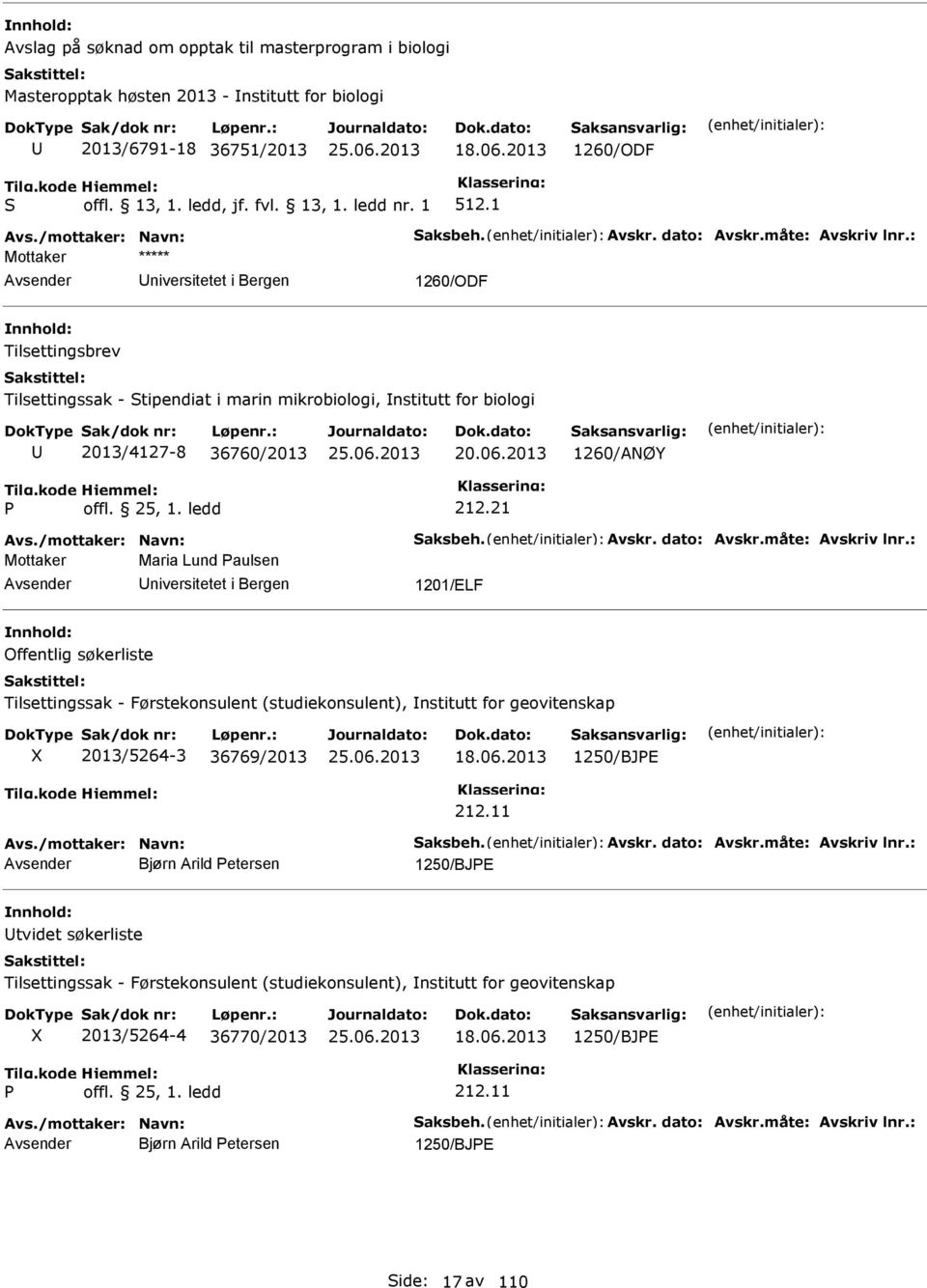 2013 1260/ANØY 212.21 Avs./mottaker: Navn: Saksbeh. Avskr. dato: Avskr.måte: Avskriv lnr.