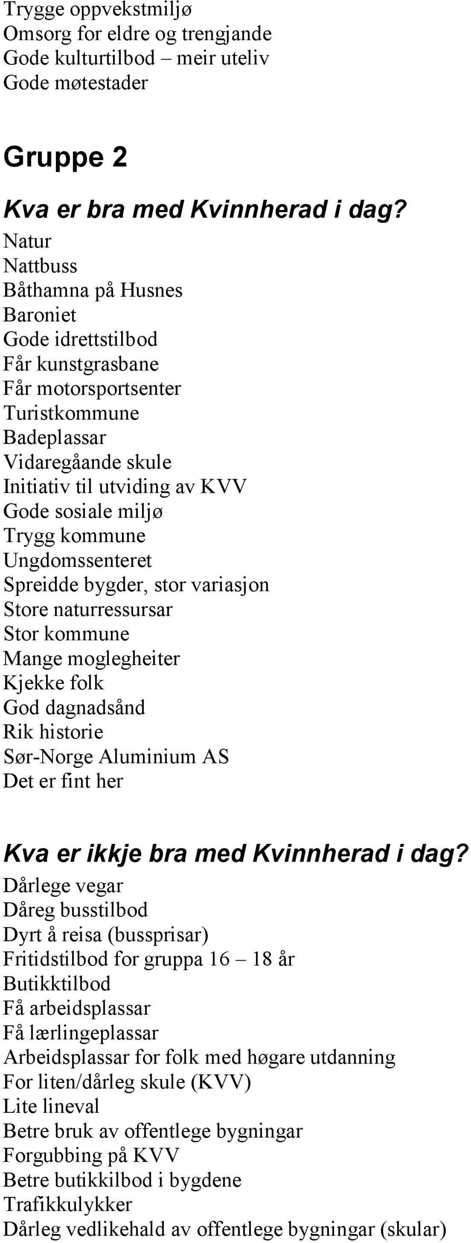 kommune Mange moglegheiter Kjekke folk God dagnadsånd Rik historie Sør-Norge Aluminium AS Det er fint her Dårlege vegar Dåreg busstilbod Dyrt å reisa (bussprisar) Fritidstilbod for gruppa 16 18 år