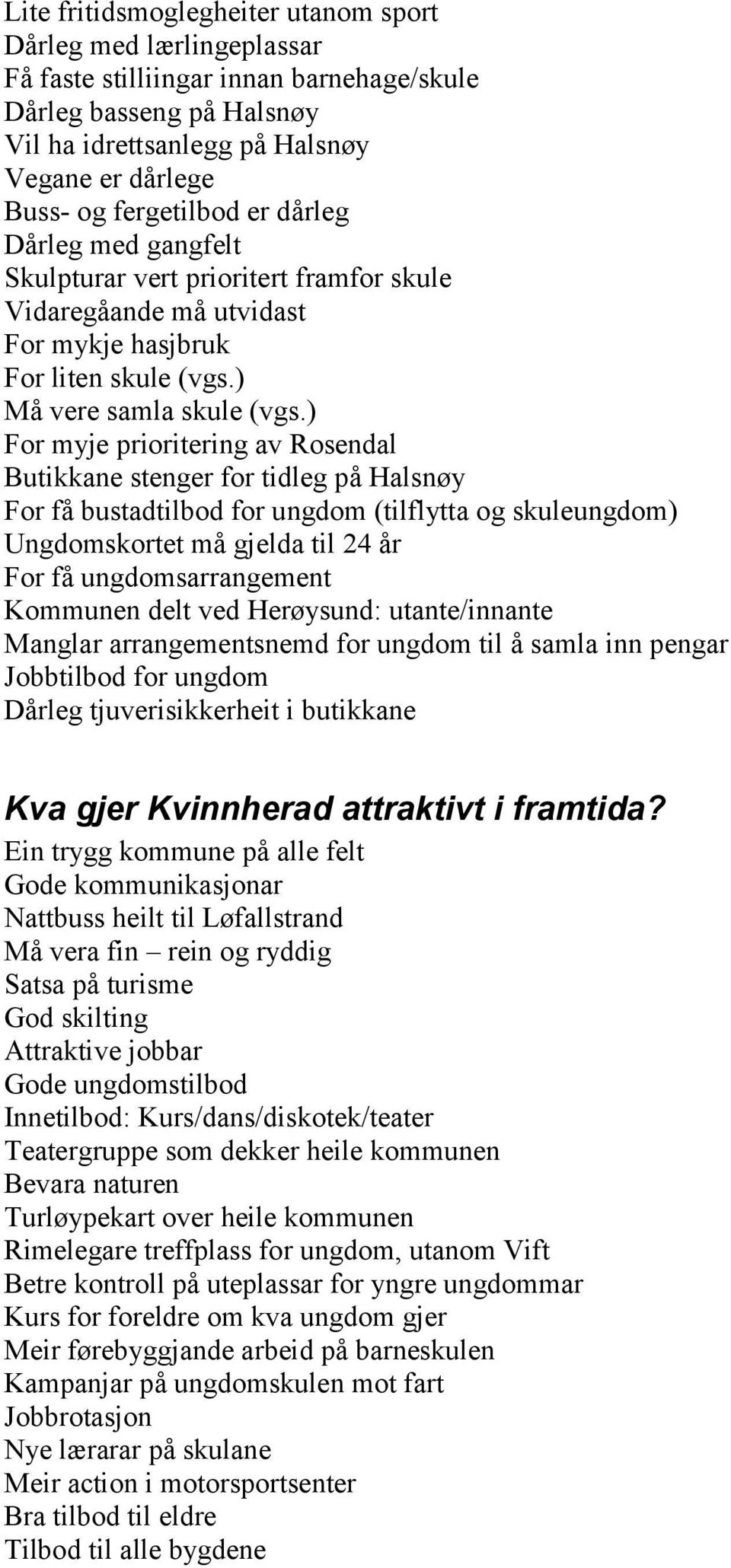 ) For myje prioritering av Rosendal Butikkane stenger for tidleg på Halsnøy For få bustadtilbod for ungdom (tilflytta og skuleungdom) Ungdomskortet må gjelda til 24 år For få ungdomsarrangement