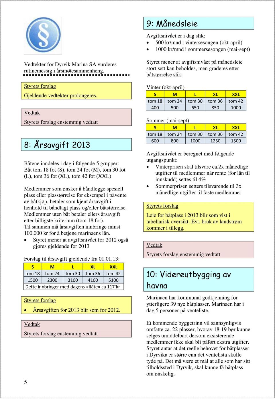 enstemmig vedtatt 8: Årsavgift 2013 Båtene inndeles i dag i følgende 5 grupper: Båt tm 18 ft (S), tm 24 ft (M), tm 30 ft (L), tm 36 ft (XL), tm 42 ft (XXL) Medlemmer sm ønsker å båndlegge spesiell