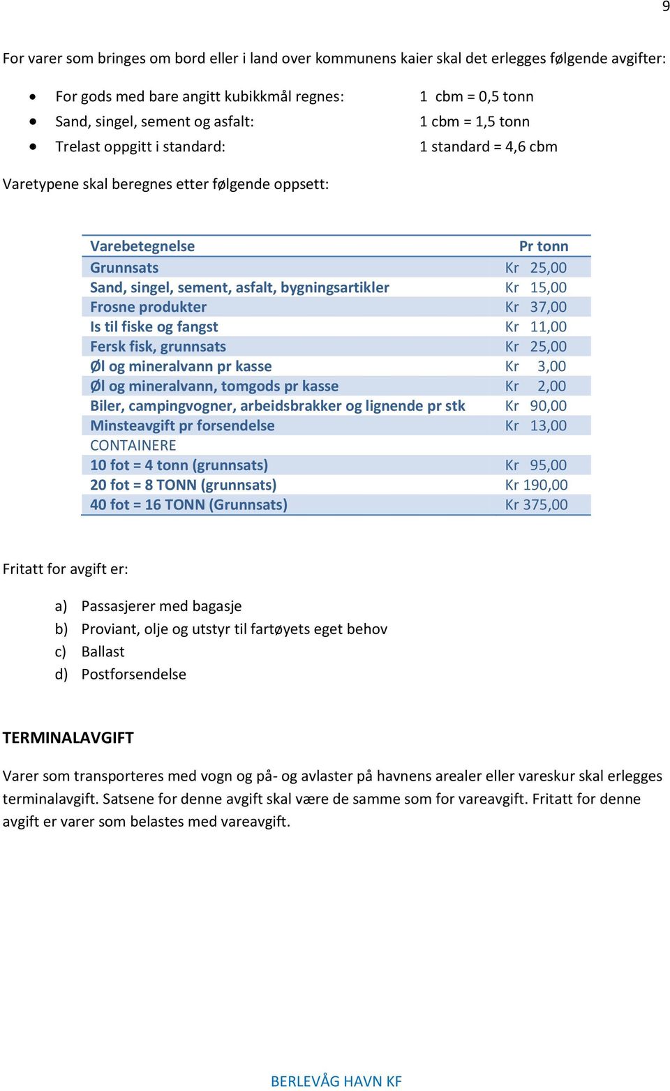 bygningsartikler Kr 15,00 Frosne produkter Kr 37,00 Is til fiske og fangst Kr 11,00 Fersk fisk, grunnsats Kr 25,00 Øl og mineralvann pr kasse Kr 3,00 Øl og mineralvann, tomgods pr kasse Kr 2,00