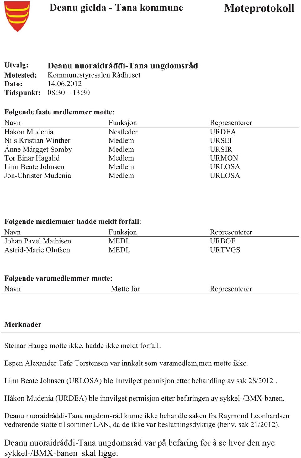 Hagalid Medlem URMON Linn Beate Johnsen Jon-Christer Mudenia Medlem Medlem URLOSA URLOSA Følgende medlemmer hadde meldt forfall: Navn Funksjon Representerer Johan Pavel Mathisen MEDL URBOF