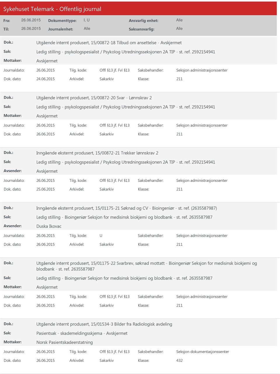 dato: Arkivdel: Sakarkiv Inngående eksternt produsert, 15/00872-21 Trekker lønnskrav 2 Ledig stilling - psykologspesialist / Psykolog tredningsseksjonen 2A TIP - st. ref. 2592154941 Dok. dato: 25.06.