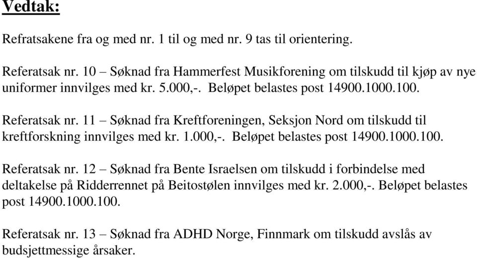 11 Søknad fra Kreftforeningen, Seksjon Nord om tilskudd til kreftforskning innvilges med kr. 1.000,-. Beløpet belastes post 14900.1000.100. Referatsak nr.