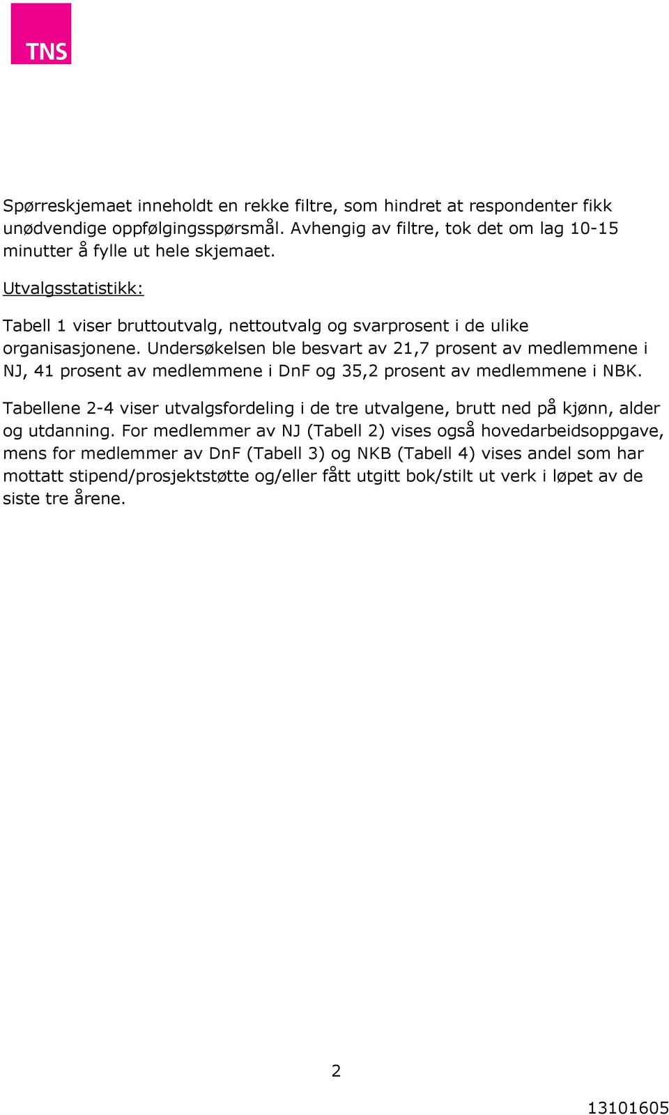 Undersøkelsen ble besvart av 21,7 prosent av medlemmene i NJ, 41 prosent av medlemmene i DnF og 35,2 prosent av medlemmene i NBK.