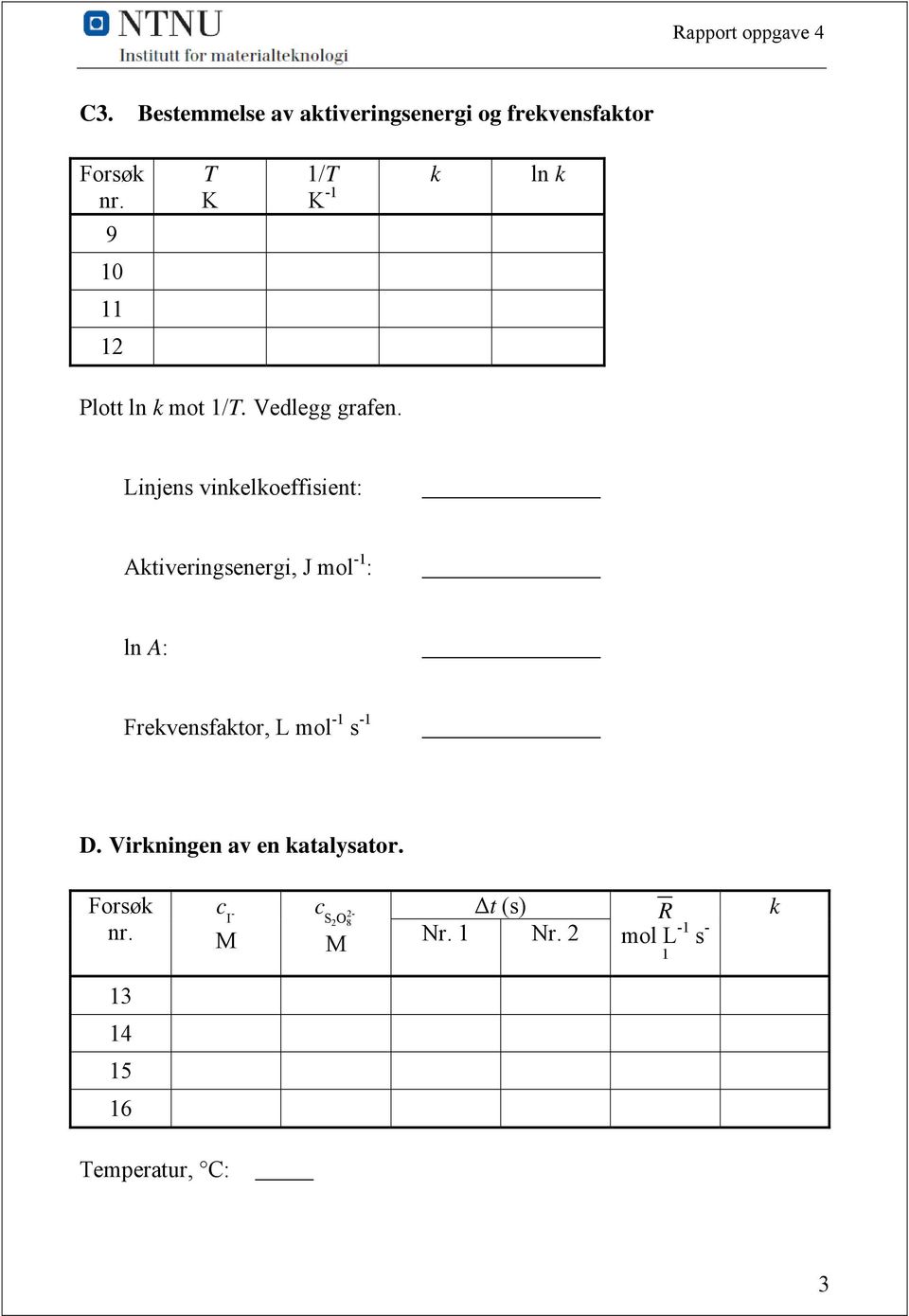 Linjens vineloeffisient: Ativeringsenergi, J mol - : ln A: Frevensfator, L mol - s