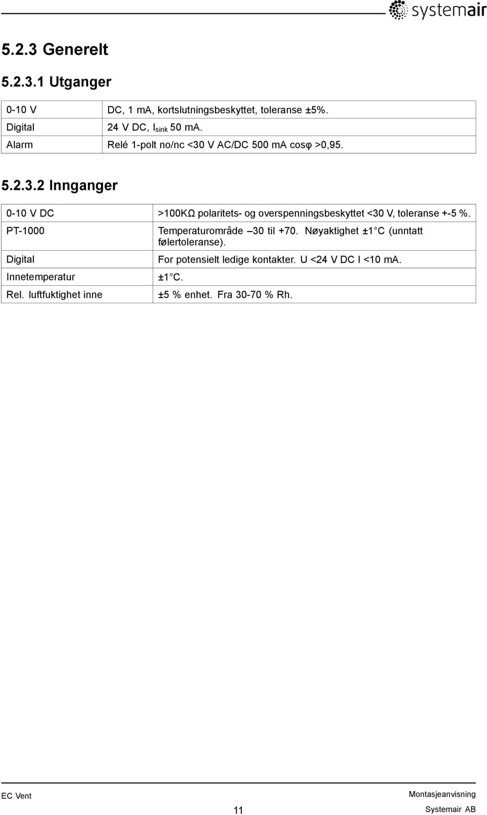 PT-1000 Digital Innetemperatur Rel. luftfuktighet inne Temperaturområde 30 til +70. Nøyaktighet ±1 C (unntatt følertoleranse).