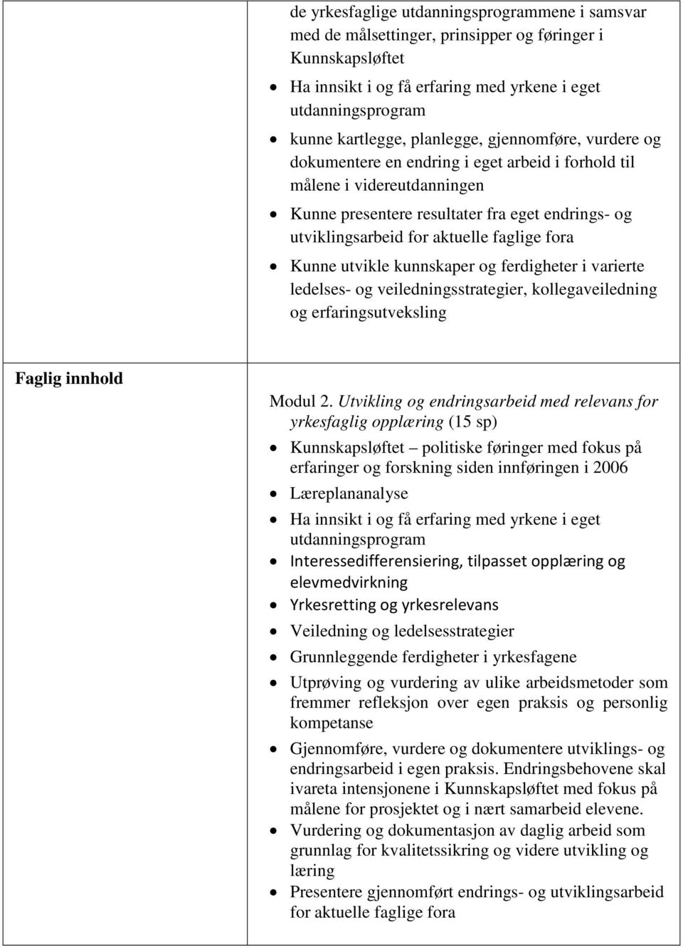 ferdigheter i varierte ledelses- og veiledningsstrategier, kollegaveiledning og erfaringsutveksling Faglig innhold Modul 2.