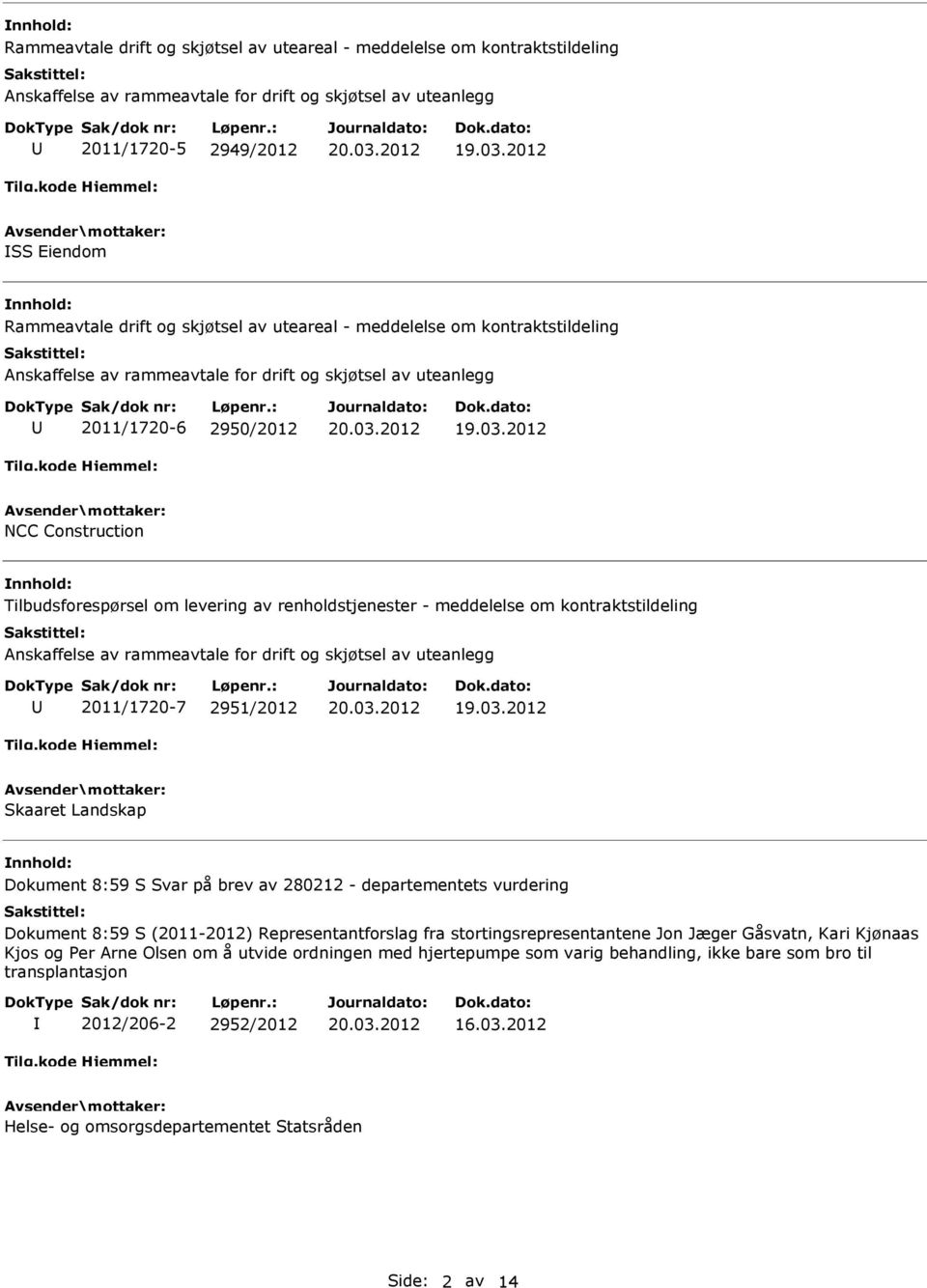 renholdstjenester - meddelelse om kontraktstildeling Anskaffelse av rammeavtale for drift og skjøtsel av uteanlegg 2011/1720-7 2951/2012 Skaaret Landskap Dokument 8:59 S Svar på brev av 280212 -