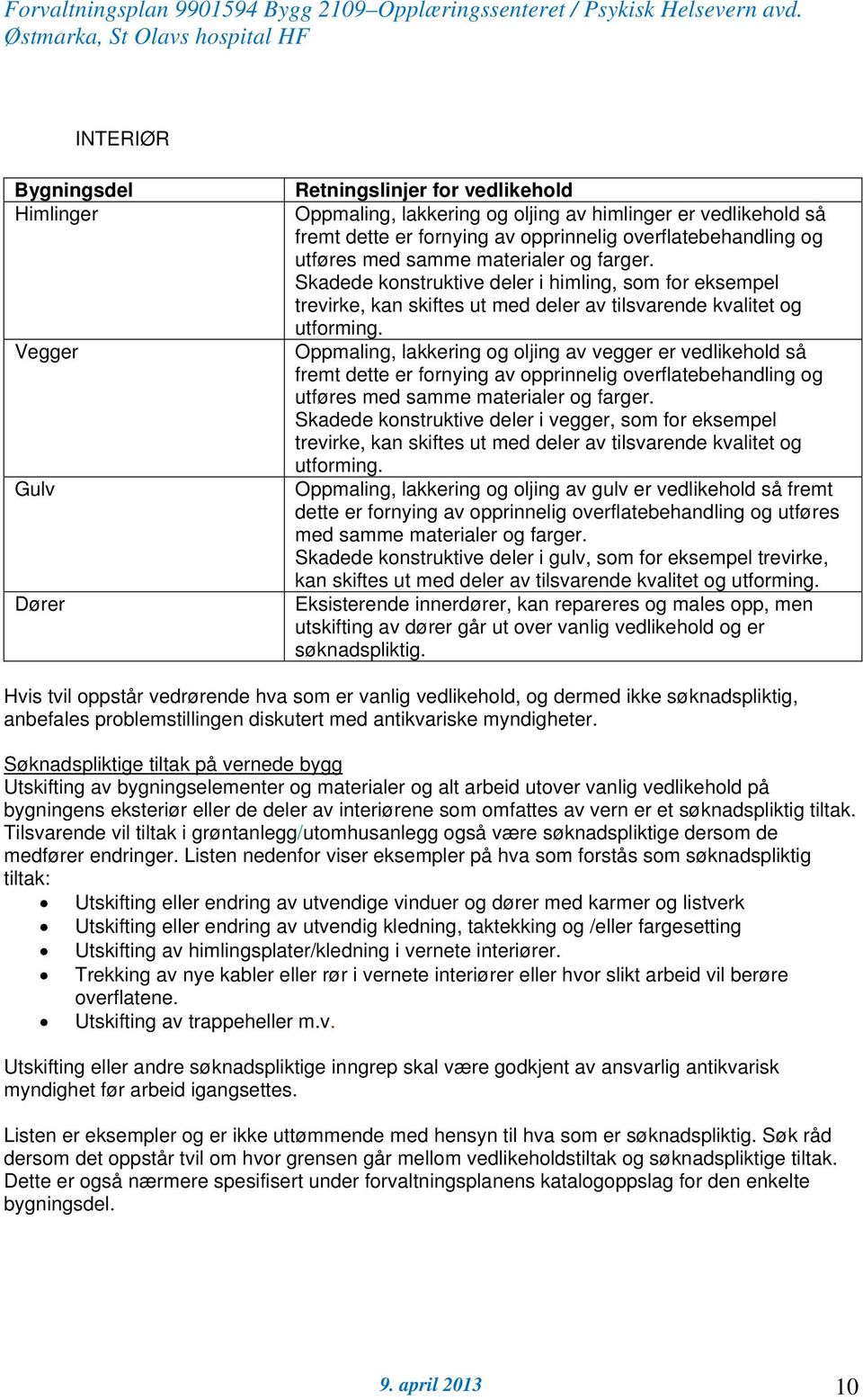 Oppmaling, lakkering og oljing av vegger er vedlikehold så fremt dette er fornying av opprinnelig overflatebehandling og utføres med samme materialer og farger.