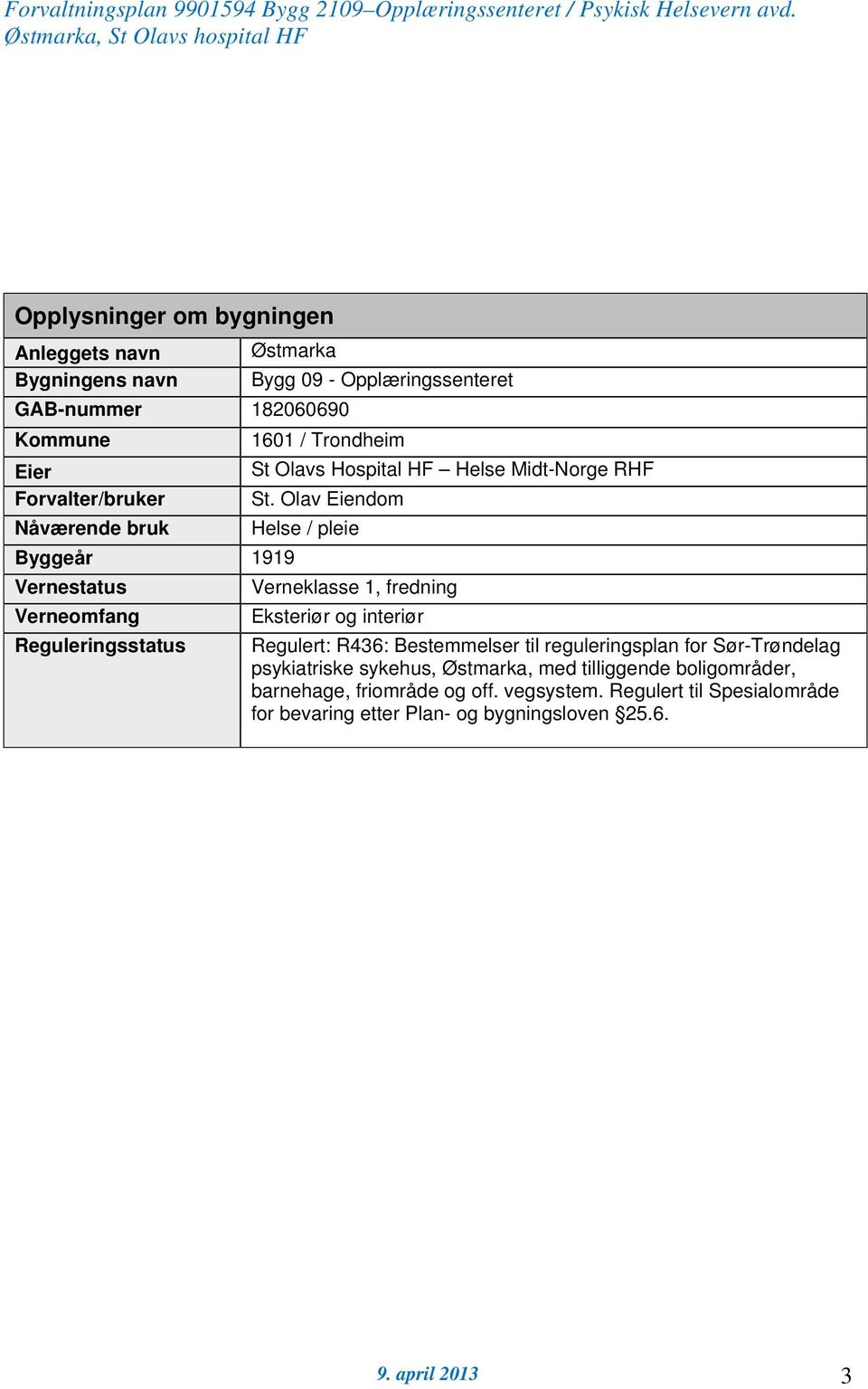 Olav Eiendom Nåværende bruk Helse / pleie Byggeår 1919 Vernestatus Verneklasse 1, fredning Verneomfang Eksteriør og interiør Reguleringsstatus Regulert: