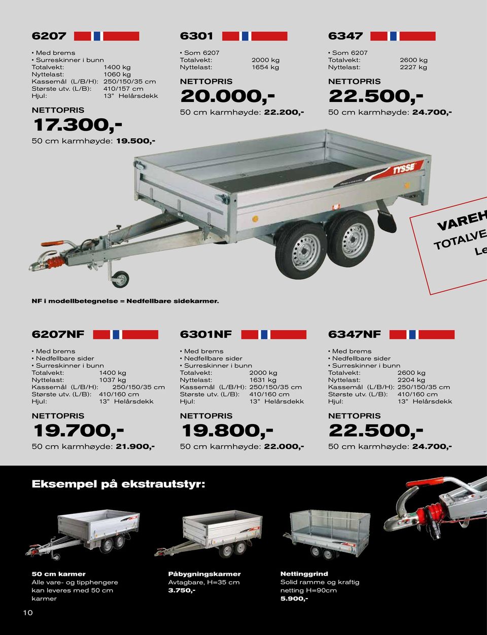 6207NF Nedfellbare sider 1400 kg 1037 kg Kassemål (L/B/H): 250/150/35 cm Største utv. (L/B): 410/160 cm 19.700,- 50 cm karmhøyde: 21.