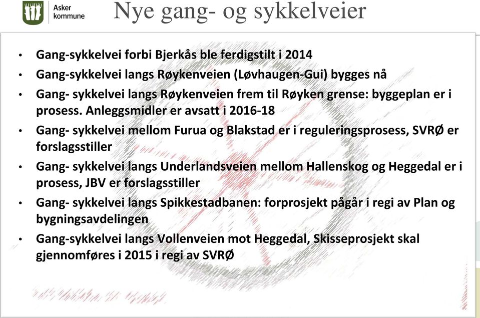Anleggsmidler er avsatt i 2016-18 Gang- sykkelvei mellom Furua og Blakstad er i reguleringsprosess, SVRØ er forslagsstiller Gang- sykkelvei langs