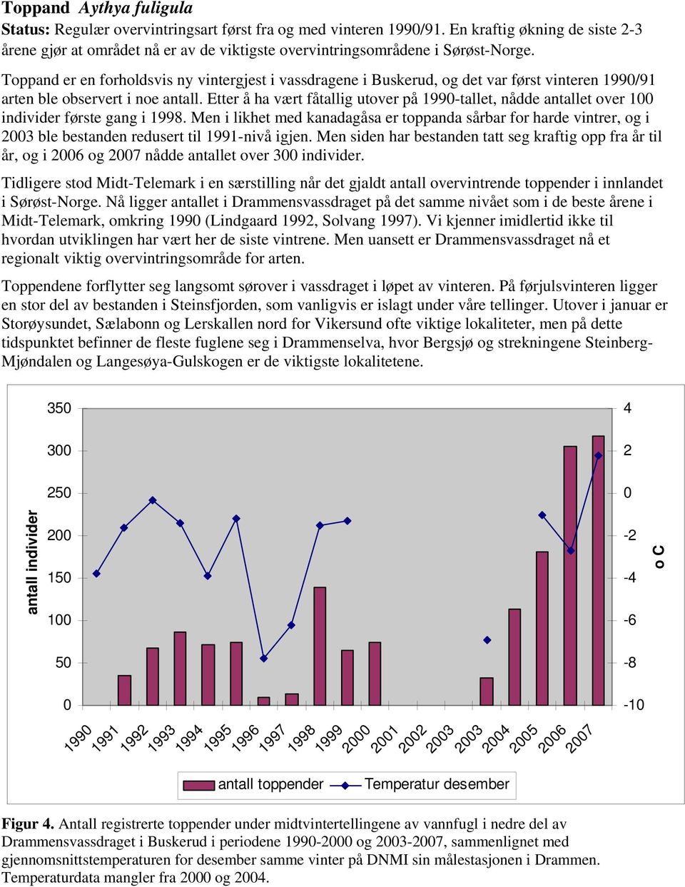 Toppand er en forholdsvis ny vintergjest i vassdragene i Buskerud, og det var først vinteren 1990/91 arten ble observert i noe antall.