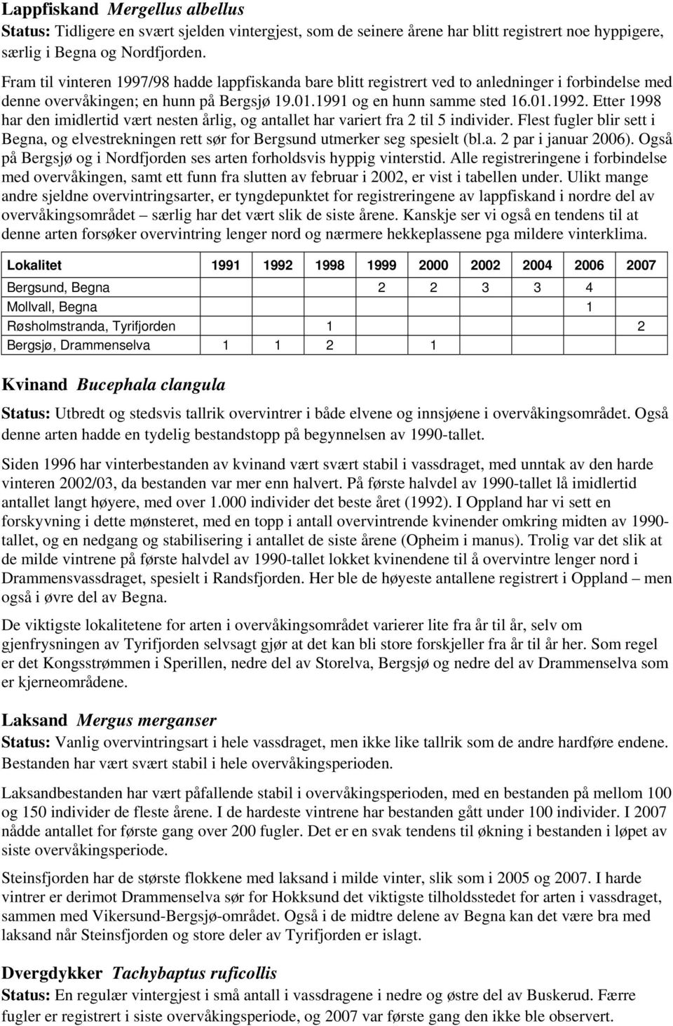 Etter 1998 har den imidlertid vært nesten årlig, og antallet har variert fra 2 til 5 individer. Flest fugler blir sett i Begna, og elvestrekningen rett sør for Bergsund utmerker seg spesielt (bl.a. 2 par i januar 2006).