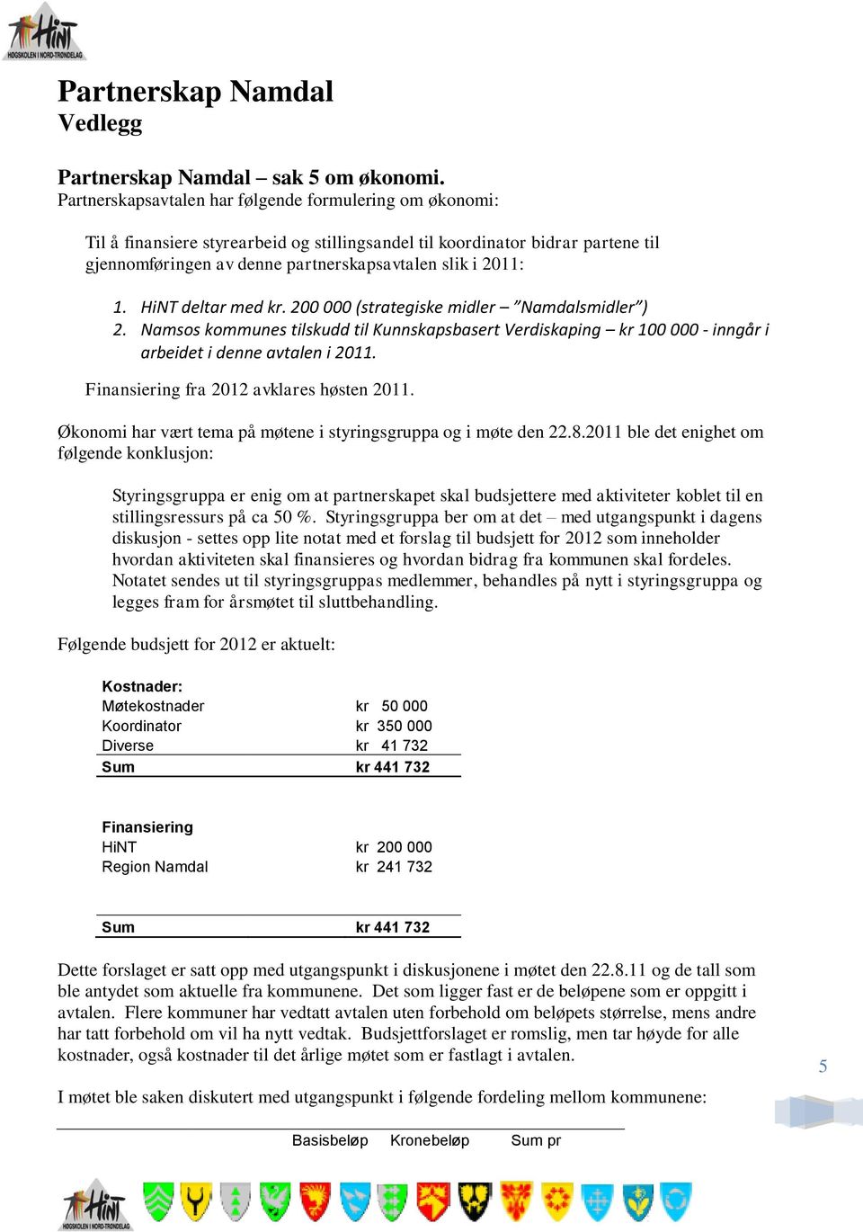 HiNT deltar med kr. 200 000 (strategiske midler Namdalsmidler ) 2. Namsos kommunes tilskudd til Kunnskapsbasert Verdiskaping kr 100 000 - inngår i arbeidet i denne avtalen i 2011.