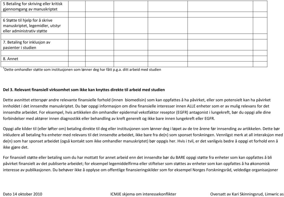 Relevant finansiell virksomhet som ikke kan knyttes direkte til arbeid med studien Dette avsnittet etterspør andre relevante finansielle forhold (innen biomedisin) som kan oppfattes å ha påvirket,