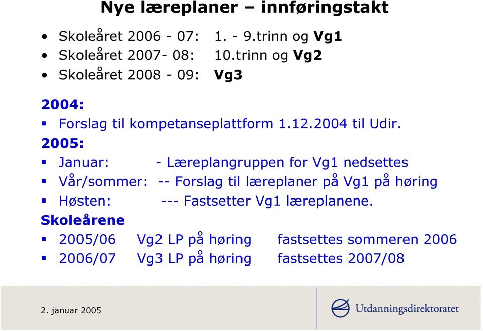 5: Januar: - Læreplangruppen for Vg nedsettes Vår/sommer: -- Forslag til læreplaner på Vg på