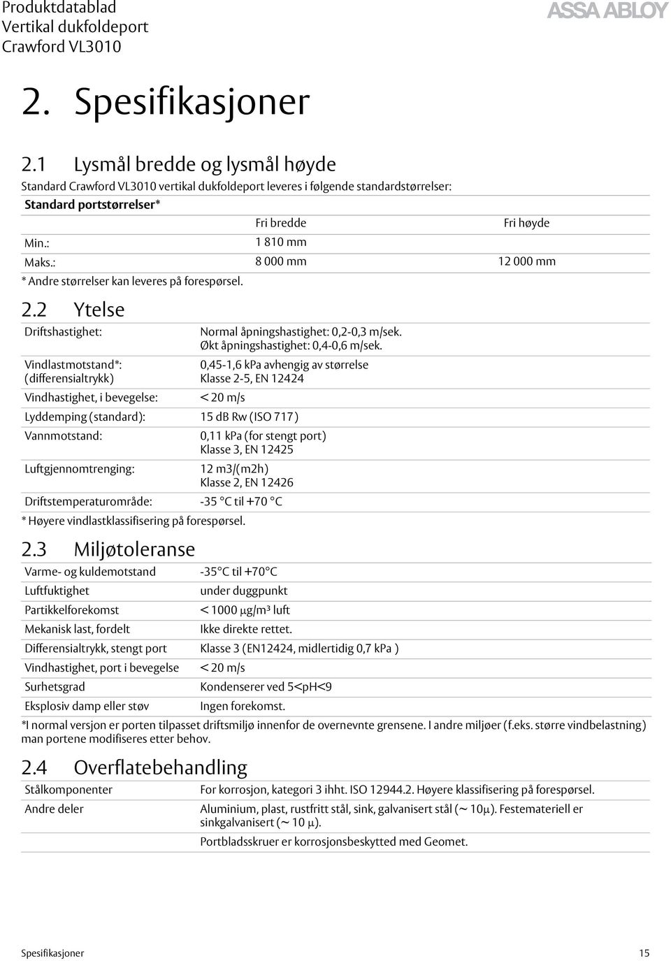 større vindbelastning) man portene modifiseres etter behov. 2.4 Overflatebehandling Fri bredde 1 810 mm Fri høyde Maks.