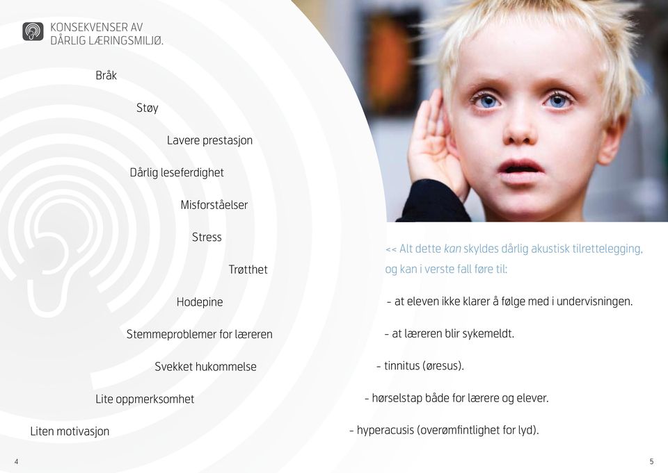 tilrettelegging, og kan i verste fall føre til: Hodepine - at eleven ikke klarer å følge med i undervisningen.