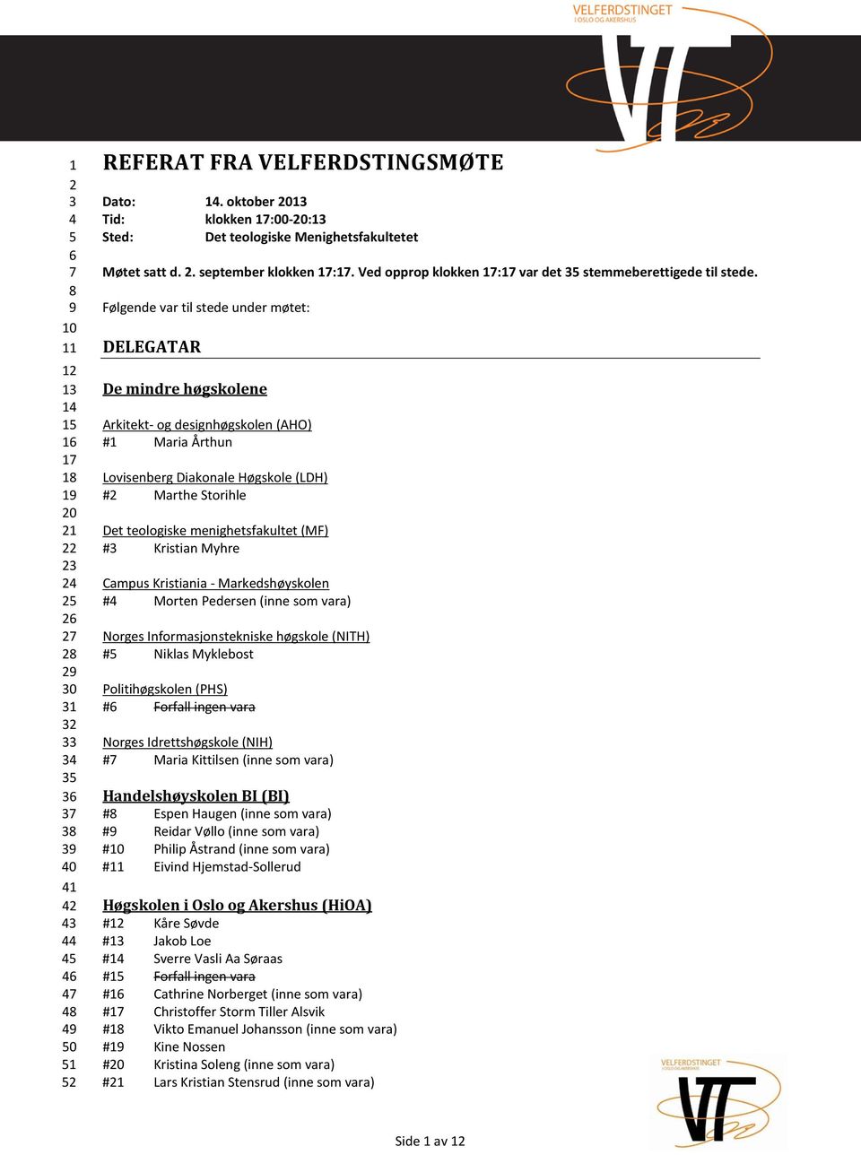 Følgende var til stede under møtet: DELEGATAR De mindre høgskolene Arkitekt- og designhøgskolen (AHO) #1 Maria Årthun Lovisenberg Diakonale Høgskole (LDH) #2 Marthe Storihle Det teologiske