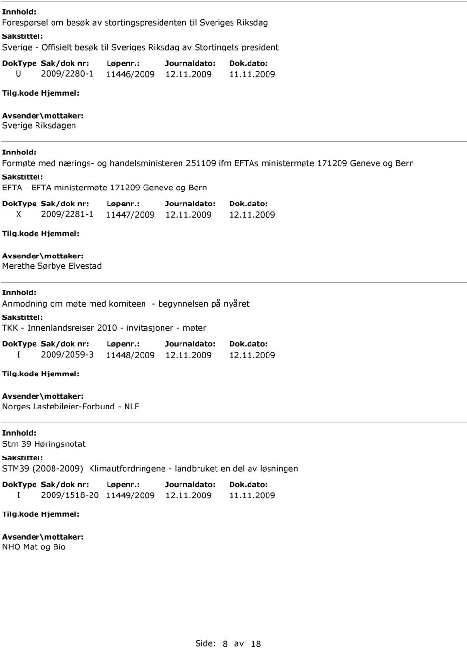 2009/2281-1 11447/2009 Merethe Sørbye Elvestad Anmodning om møte med komiteen - begynnelsen på nyåret TKK - nnenlandsreiser 2010 - invitasjoner - møter 2009/2059-3