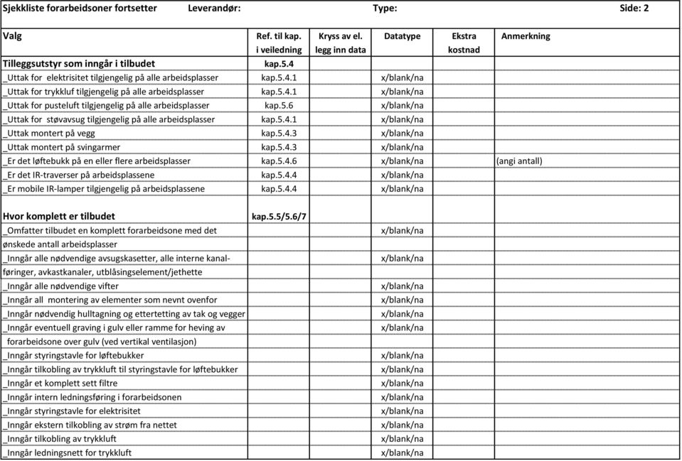 5.6 _Uttak for støvavsug tilgjengelig på alle arbeidsplasser kap.5.4.1 _Uttak montert på vegg kap.5.4.3 _Uttak montert på svingarmer kap.5.4.3 _Er det løftebukk på en eller flere arbeidsplasser kap.5.4.6 (angi antall) _Er det IR-traverser på arbeidsplassene kap.