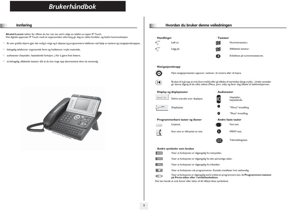 Handlinger Tastatur En stor grafisk skjerm gjør det mulig å ringe og å tilpasse og programmere telefonen ved hjelp av tastene og navigasjonsknappen, Løft av. Nummertastatur.