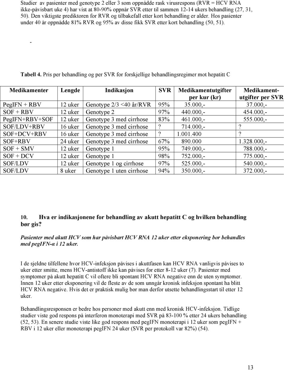 Pris per behandling og per SVR for forskjellige behandlingsregimer mot hepatitt C Medikamenter Lengde Indikasjon SVR Medikamentutgifter per kur (kr) Medikamentutgifter per SVR PegIFN + RBV 12 uker