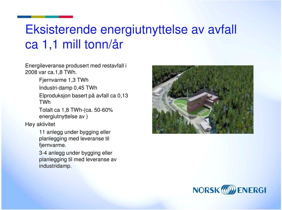 Fjernvarme 1,3 TWh Industri-damp 0,45 TWh Elproduksjon basert på avfall ca 0,13 TWh Totalt ca 1,8 TWh-(ca.