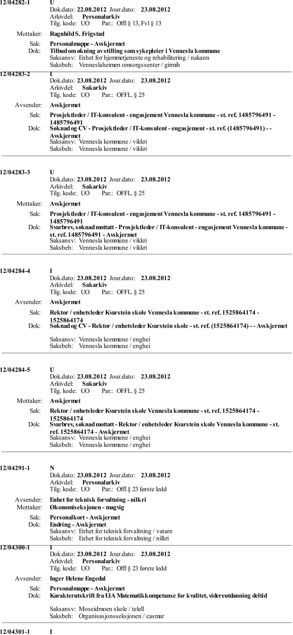 12/04283-2 I Tilg. kode: UO OFFL. 25 Prosjektleder / IT-konsulent - engasjement Vennesla kommune - st. ref.