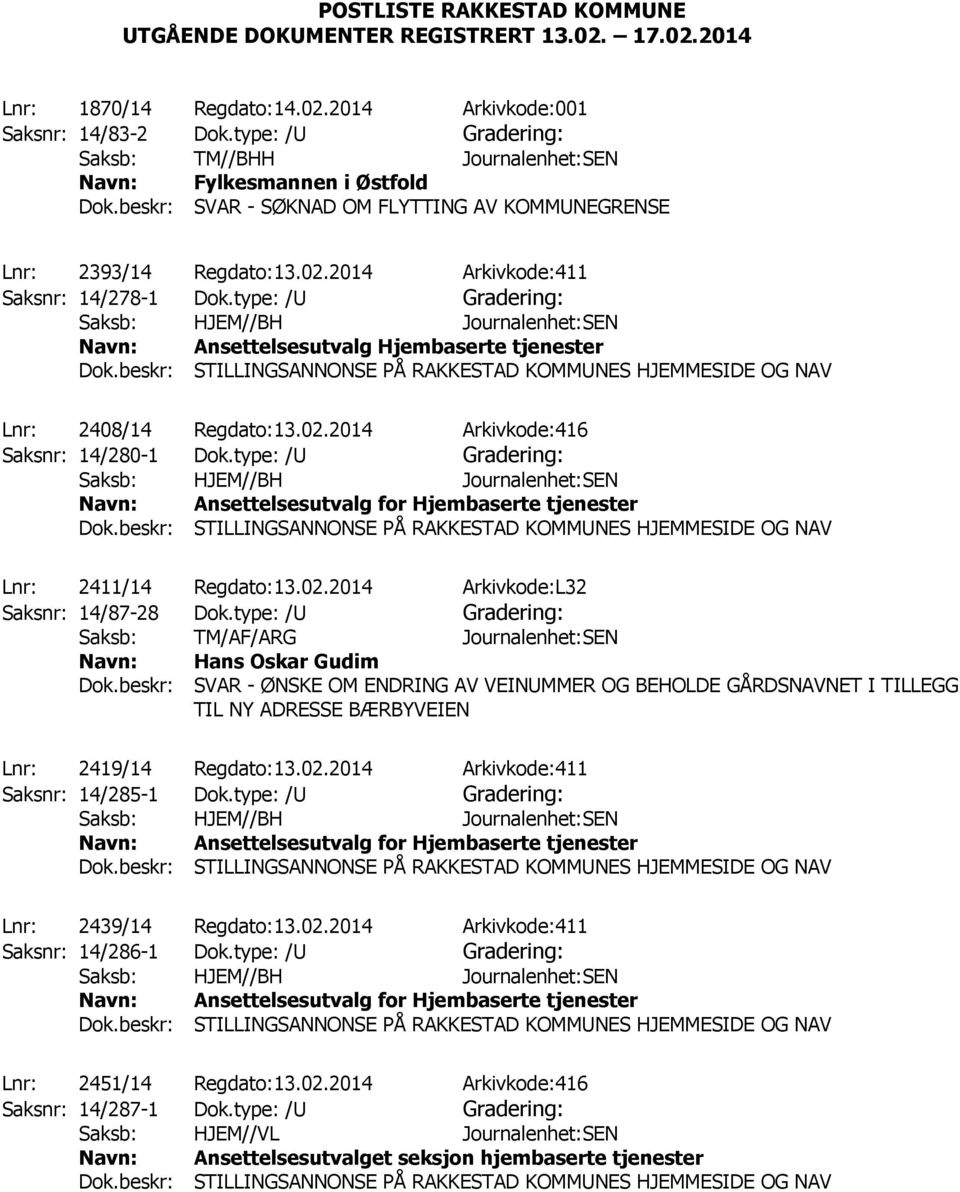 type: /U Gradering: Saksb: HJEM//BH Journalenhet:SEN Ansettelsesutvalg Hjembaserte tjenester Dok.beskr: STILLINGSANNONSE PÅ RAKKESTAD KOMMUNES HJEMMESIDE OG NAV Lnr: 2408/14 Regdato:13.02.