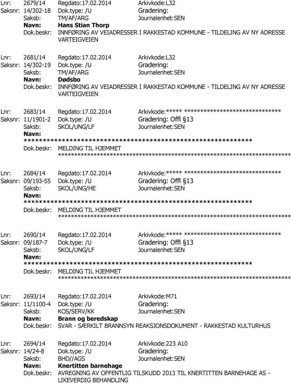 type: /U Gradering: Offl 13 Saksb: SKOL/UNG/LF Journalenhet:SEN Dok.beskr: MELDING TIL HJEMMET ************ Lnr: 2684/14 Regdato:17.02.